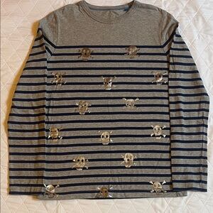 Mini Boden Gray and Blue Striped Long Sleeve Tee with Shiny Silver Skull